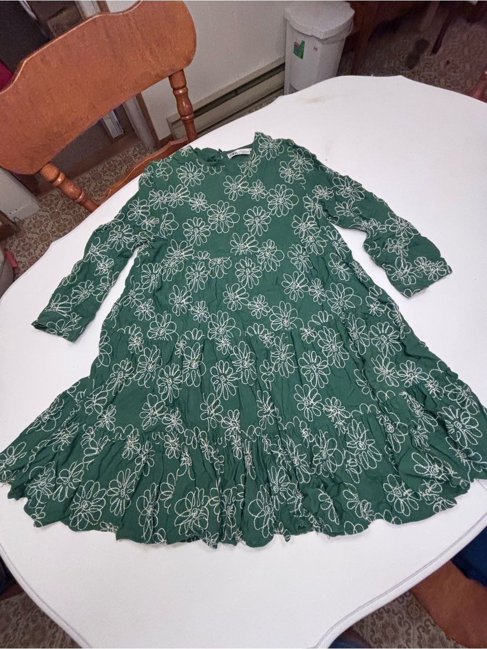 Zara Emerald Green Tiered Dress with White Floral Stitching